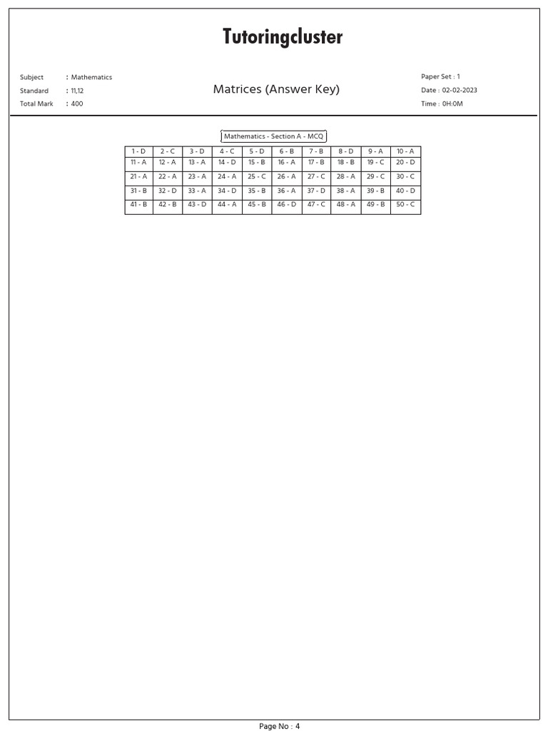 Mathematics Answer Key for 11th-12th Grade | PDF