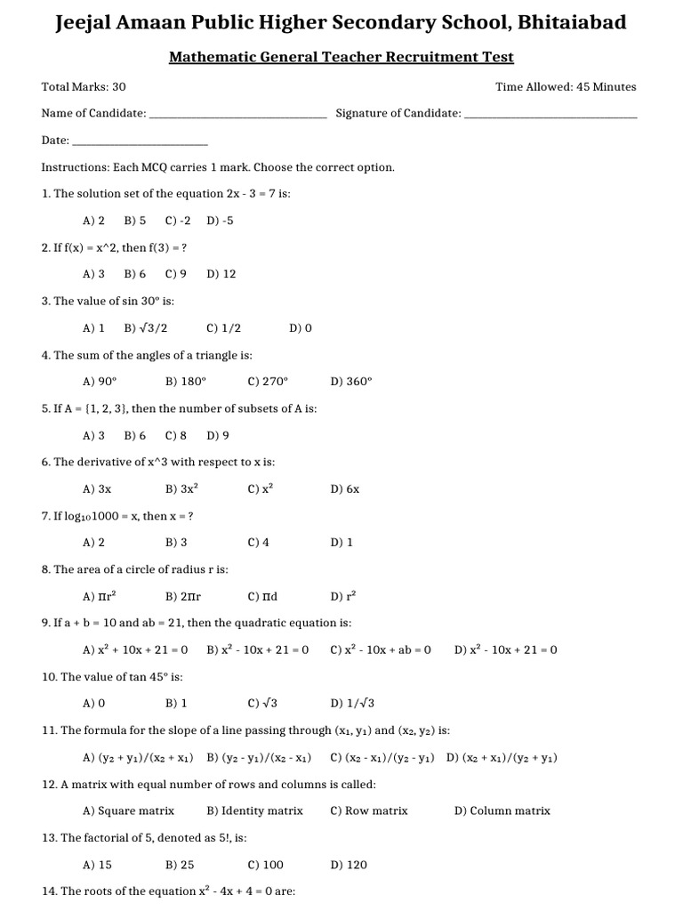 Math Teacher Recruitment Test Paper | PDF | Matrix (Mathematics) | Slope