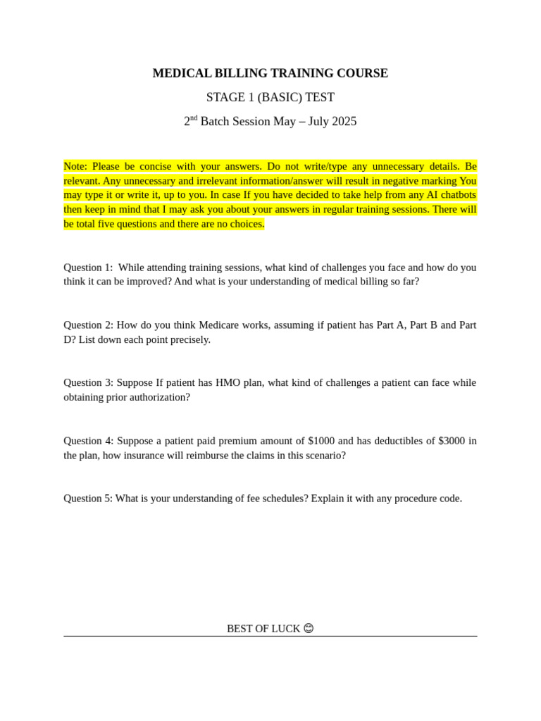 Medical Billing Training Test 2025 | PDF