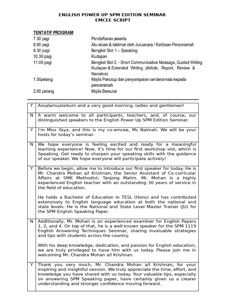 English Power Up SPM Seminar Script | PDF | Behavior Modification ...