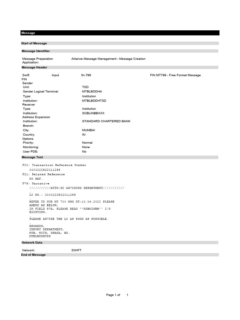 MT799 Amendment Request to SCB Mumbai | PDF