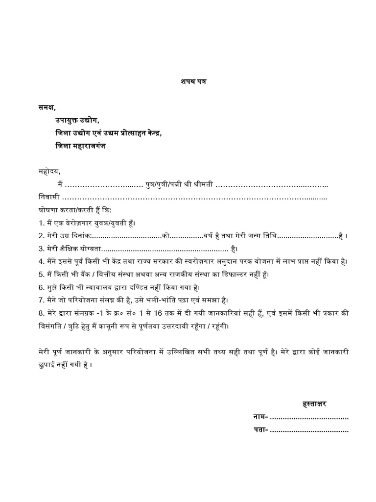 शपथ पत्र मुख्यमंत्री युवा योजना Pdf 