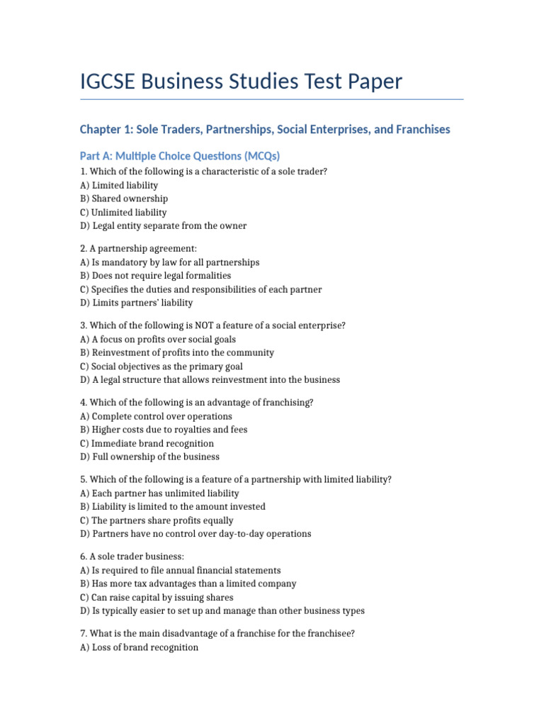 IGCSE Business Studies Test Paper Guide | PDF | Franchising | Partnership