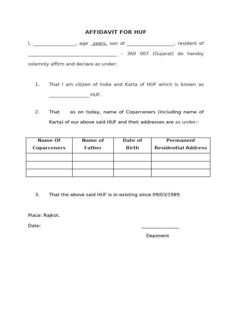HUF Affidavit Format Guide | PDF