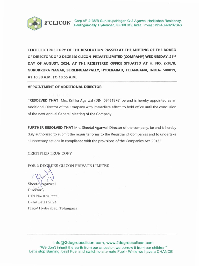 Appointment of Additional Director Resolution | PDF