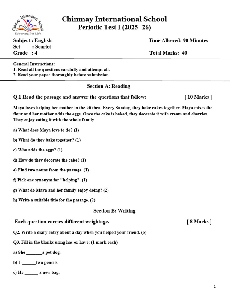Grade 4 English Test Paper 2025-26 | PDF | Cakes