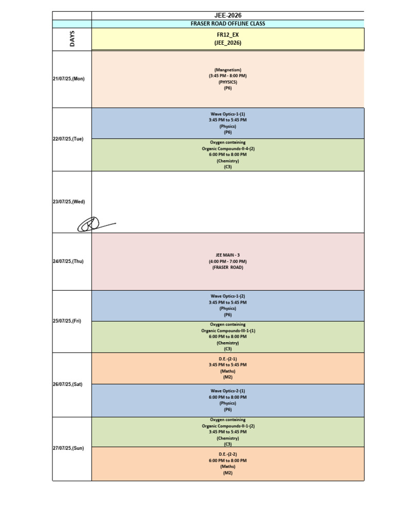JEE 2026 Class Schedule: July 2025 | PDF