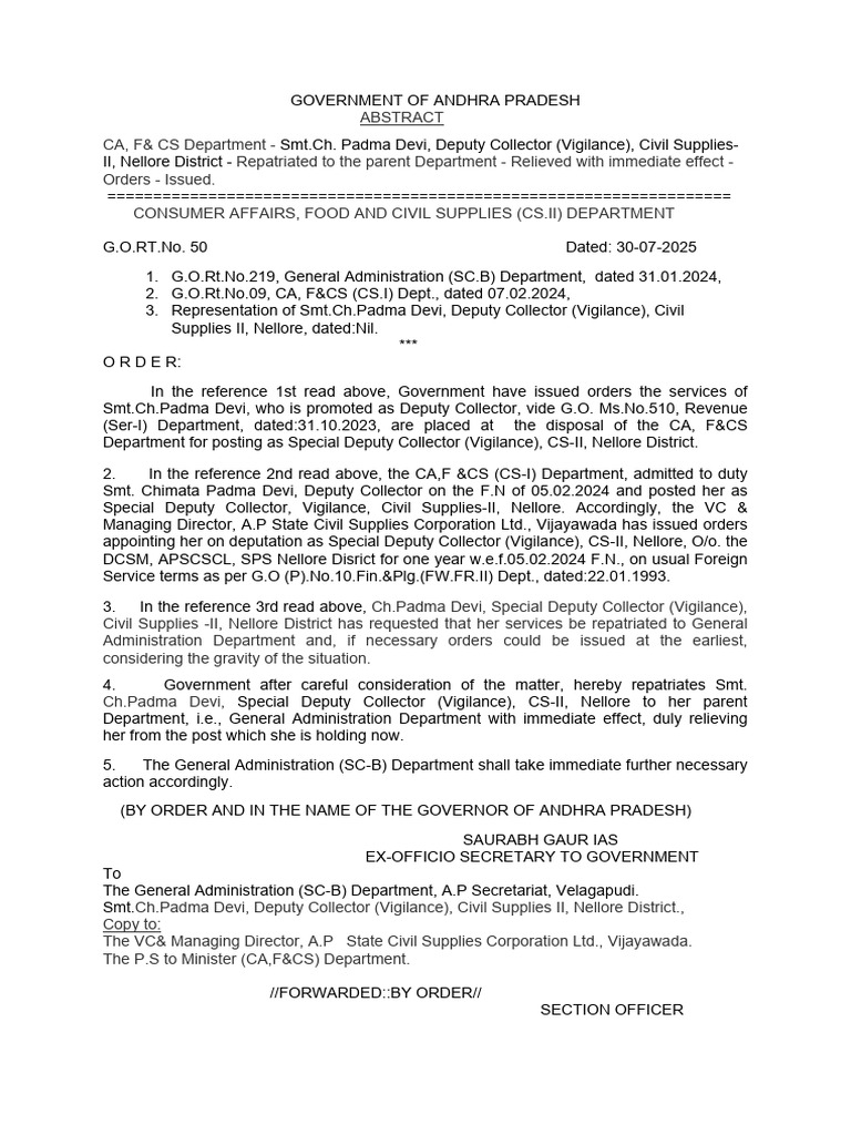 Repatriation Order for Smt. Ch. Padma Devi | PDF