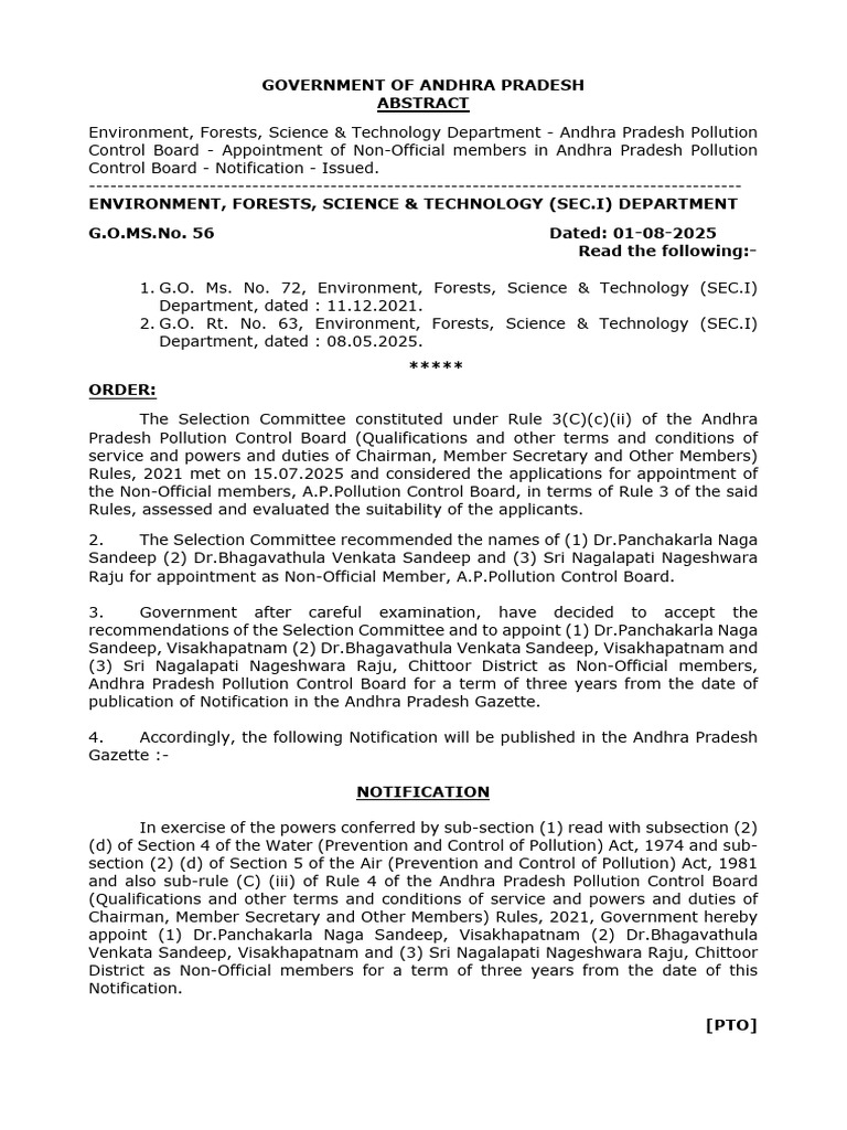 Appointment of Non-Official Members to APPCB | PDF | Government Of ...