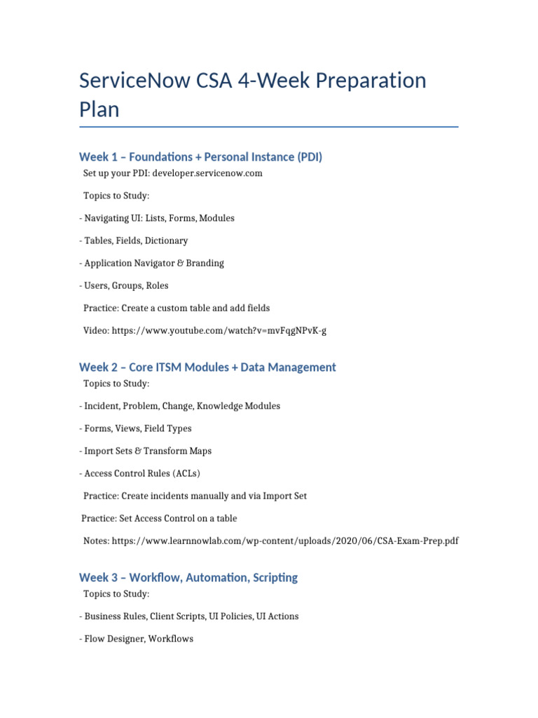 ServiceNow CSA 4-Week Study Guide | PDF