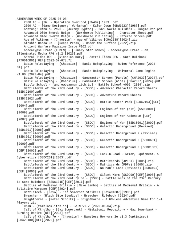 Athenaeum RPG Resources - June 2025 | PDF | Gaming | Role Playing