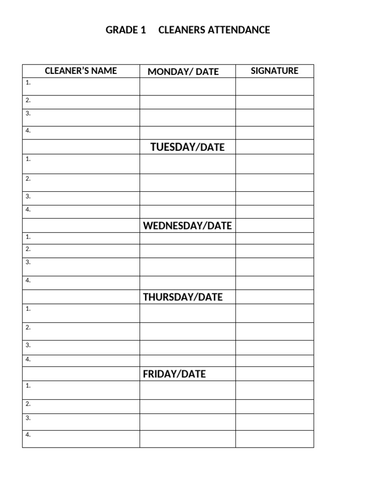 Grade 1 Cleaners Attendance Log | PDF
