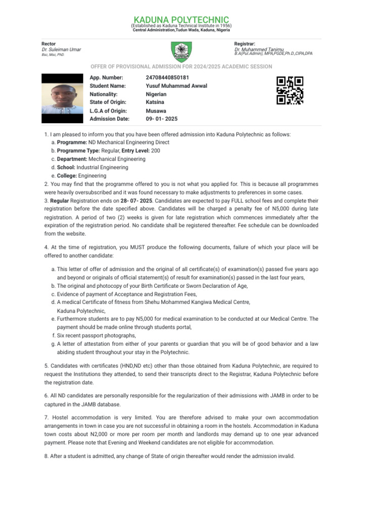 Kaduna Polytechnic Admission 2025 Details | PDF