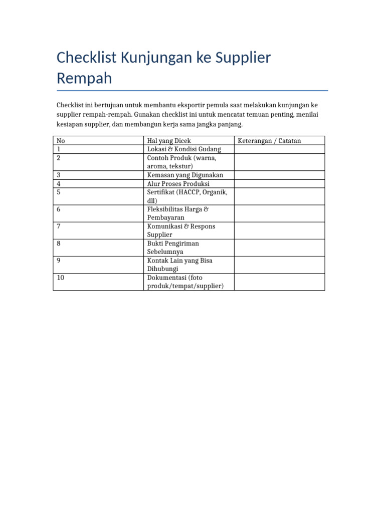 Checklist Kunjungan Supplier Rempah | PDF