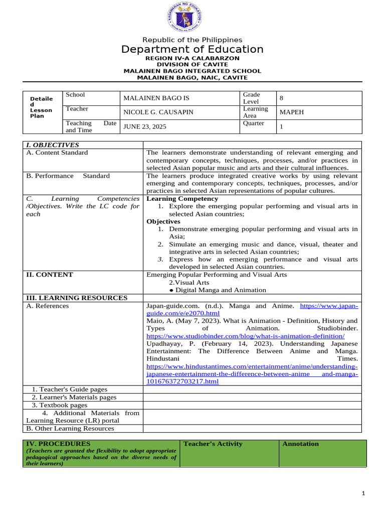Grade 8 MAPEH Lesson Plan on Asian Arts | PDF | Anime | Manga