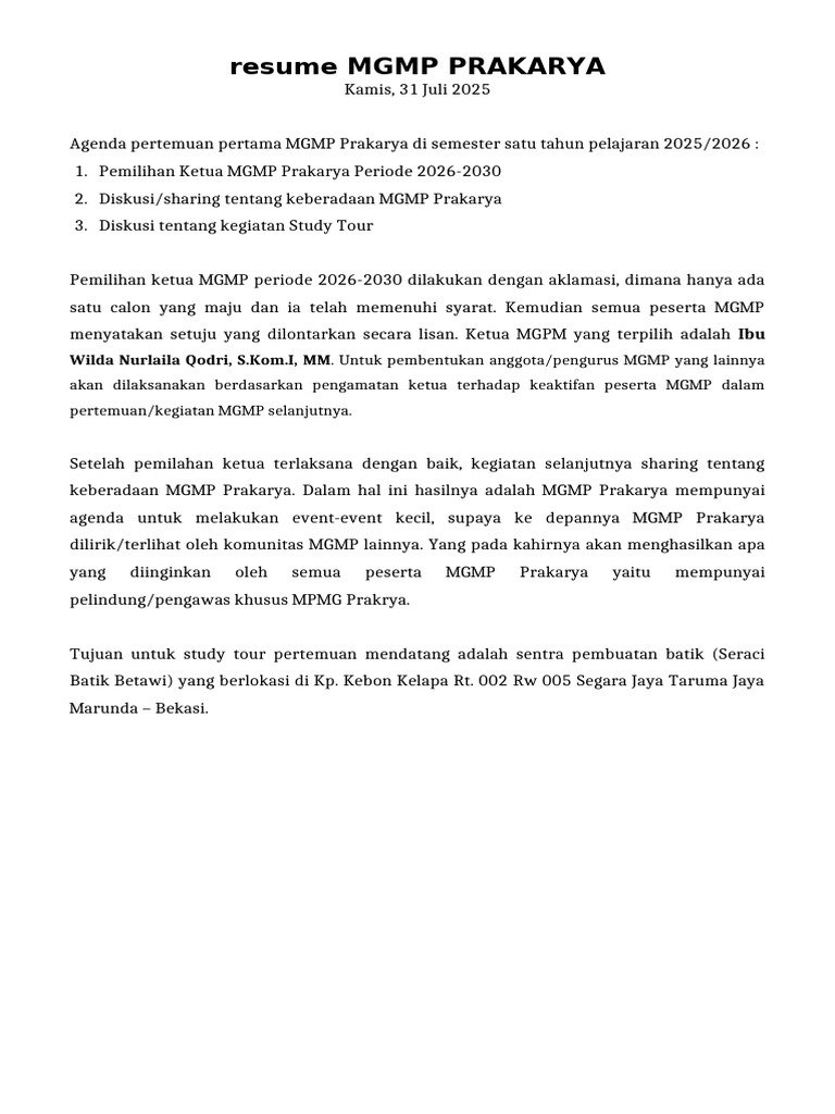 Rapat MGMP Prakarya: Pemilihan Ketua 2026-2030 | PDF