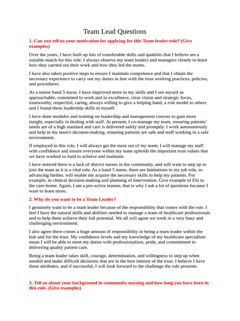 Team Lead Role Band 6 Questions 1 | PDF | Health Care