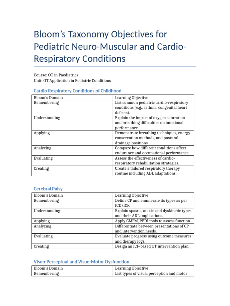 Pediatric OT Bloom's Taxonomy Goals PDF Cerebral Palsy Neurology