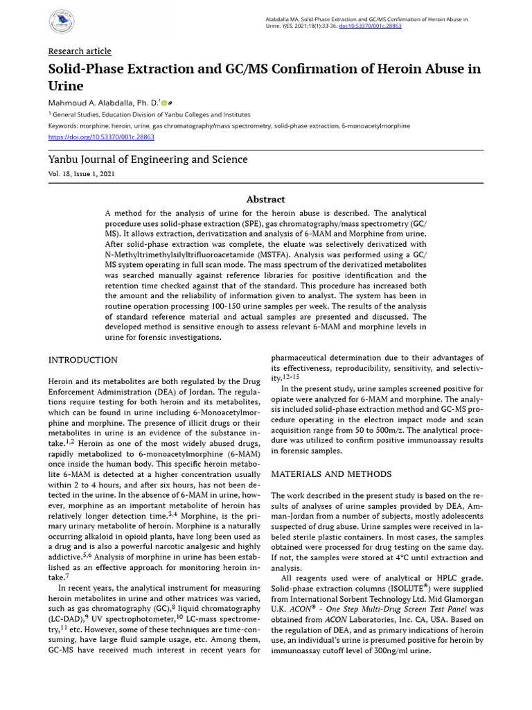 Solid Phase Extraction and GC Ms Confirmation of Heroin Abuse in Urine ...