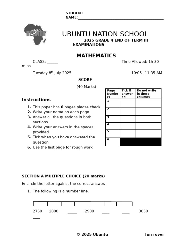 Grade 4 Term 3 Math Exam 2025 | PDF