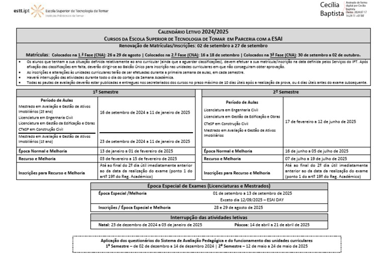 ESTT Calendario Letivo - Parceria ESAI 2024-2025 | PDF