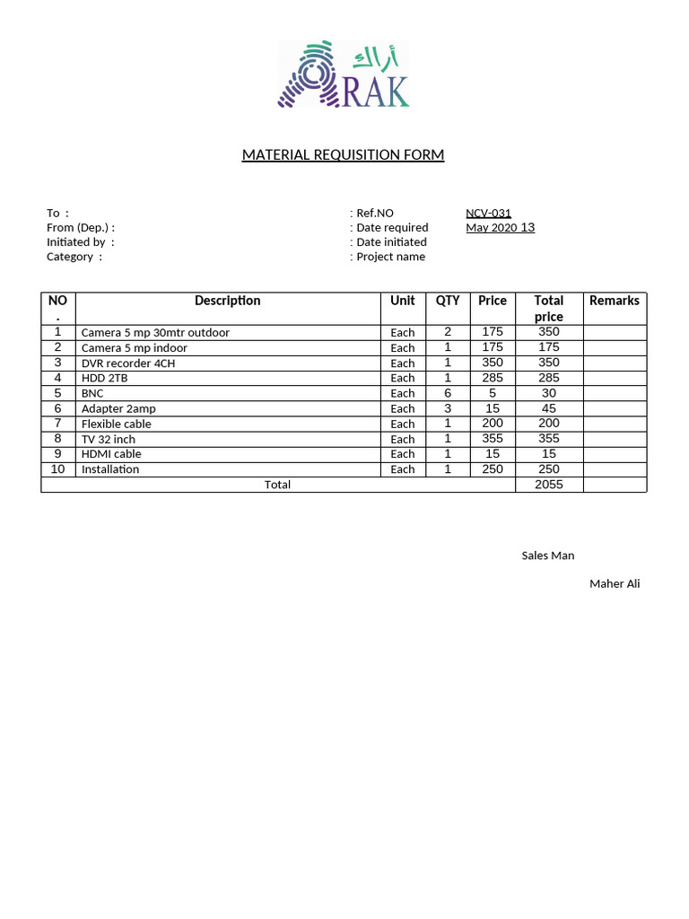 Material Requisition Form NCV-031 | PDF