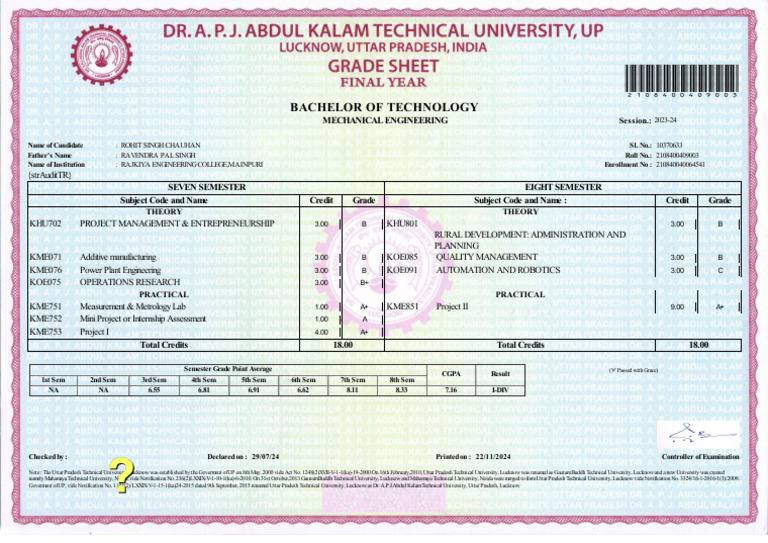 B.Tech Mechanical Engineering Result 2024 | PDF | Engineering