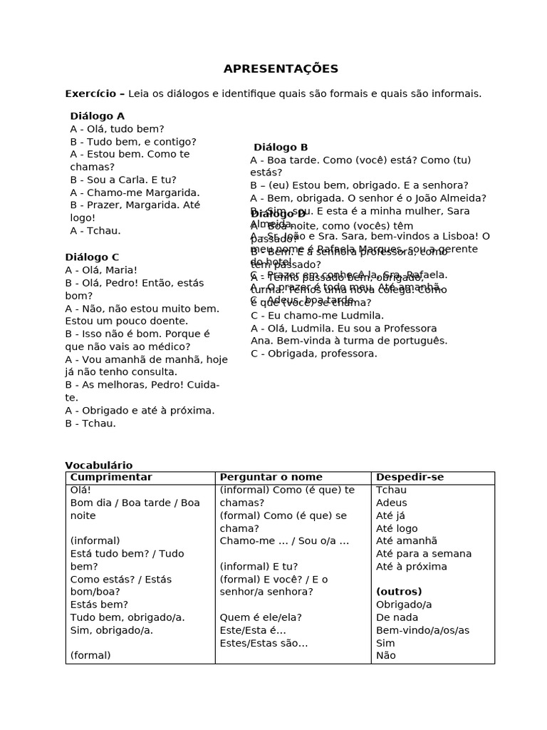 Diálogos Formais e Informais em Português | PDF