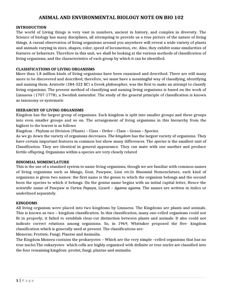 Animal and Environmental Biology Note On Bio 102 | PDF | Protozoa | Sponge