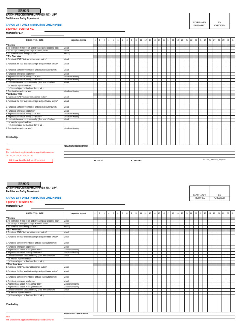 Cargo Lift Daily Inspection Checklist | PDF | Elevator | Door