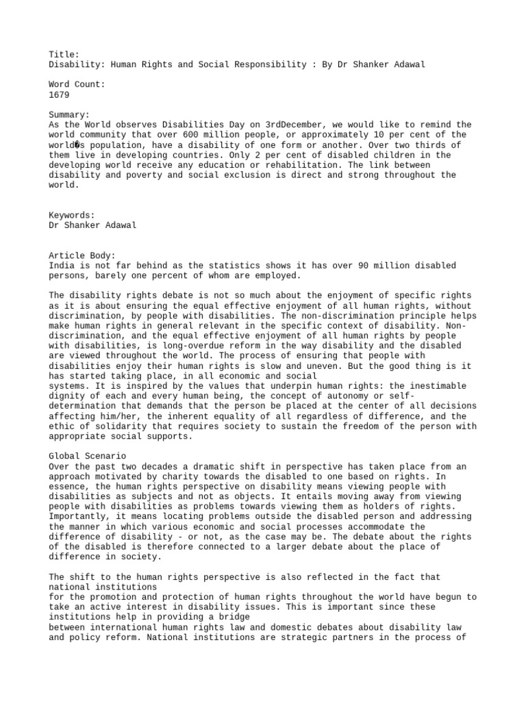 Disability Human Rights and Social Responsibility by DR Shanker Adawal ...