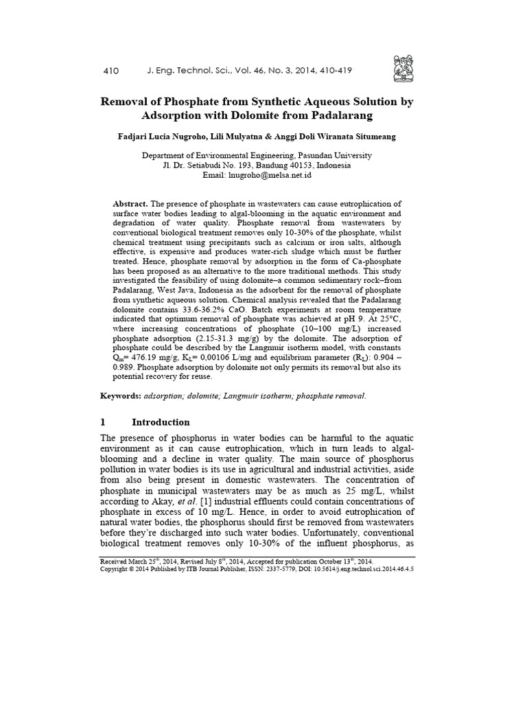 Removal of Phosphate From Synthetic Aqueous Solution by Dolomite | PDF ...