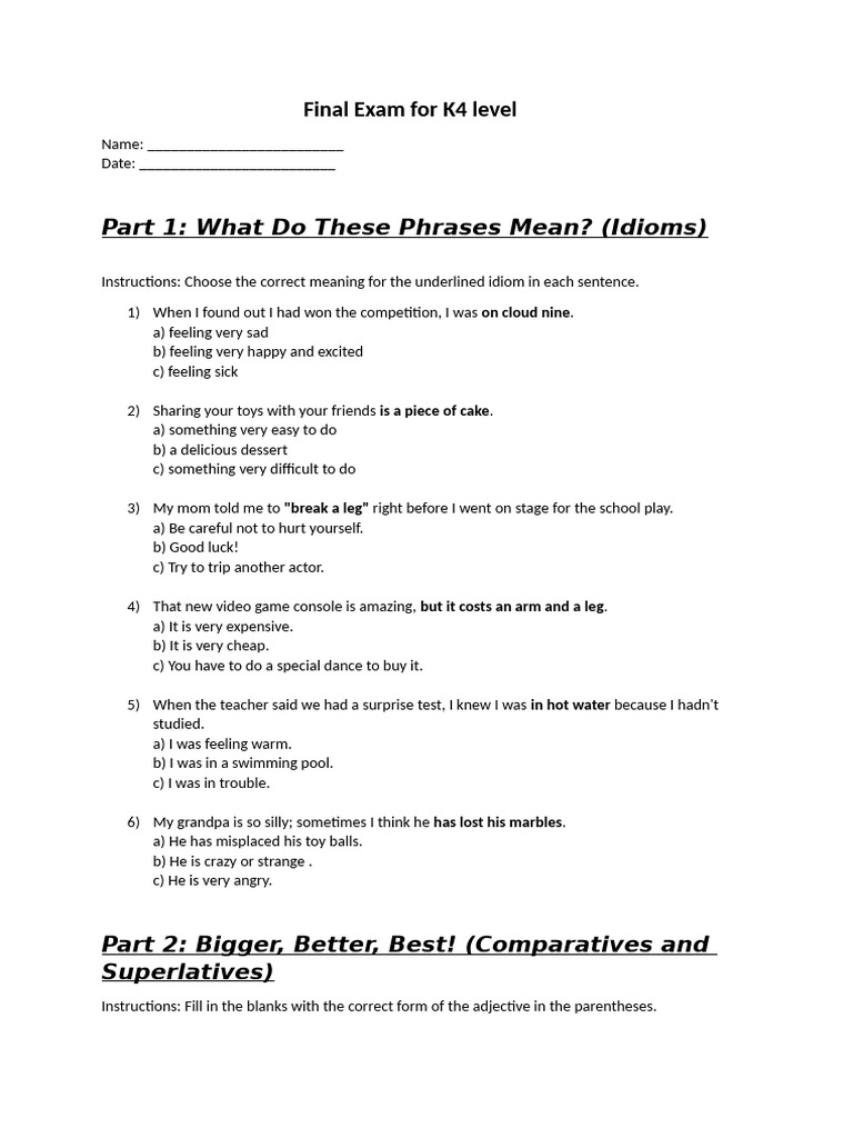 K4 Final Exam: Idioms & Writing Skills | PDF