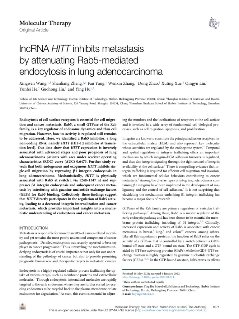 HITT lncRNA Reduces Lung Cancer Metastasis | PDF | Metastasis | Cancer