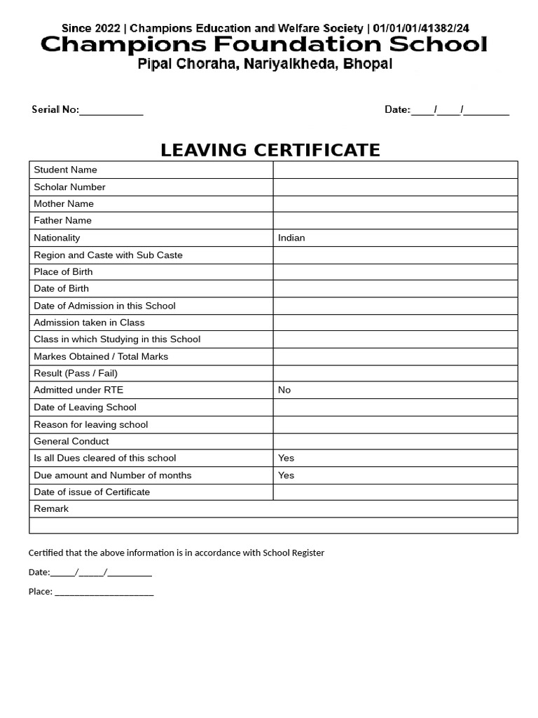 TC Leaving Certificate | PDF