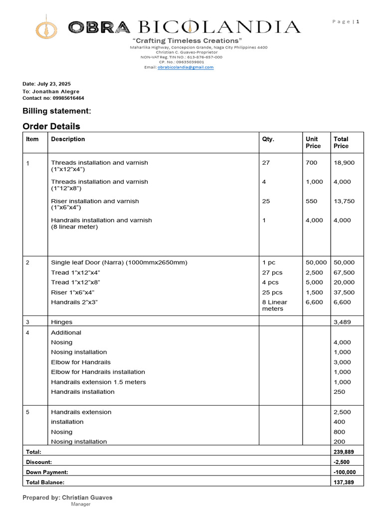 Detailed Billing Statement for Carpentry Services | PDF | Stairs