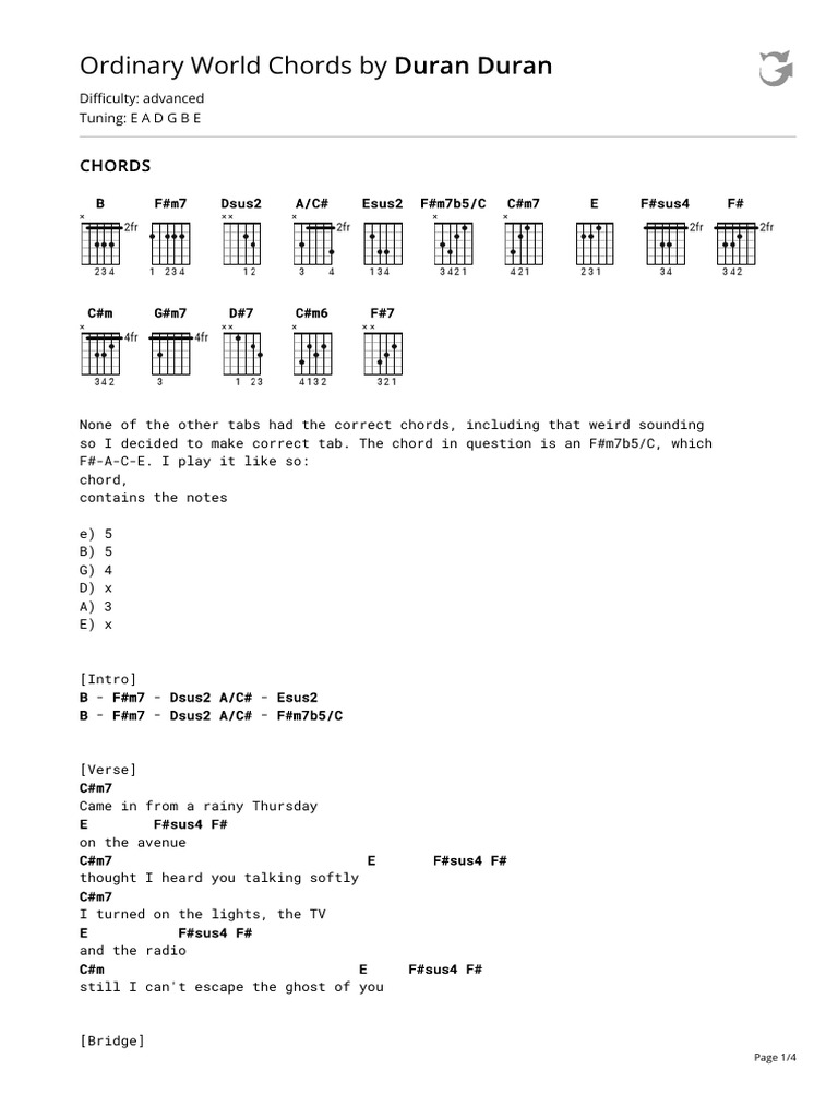 Ordinary World Chords and Tabs | PDF | Sound Recording | Recorded Music