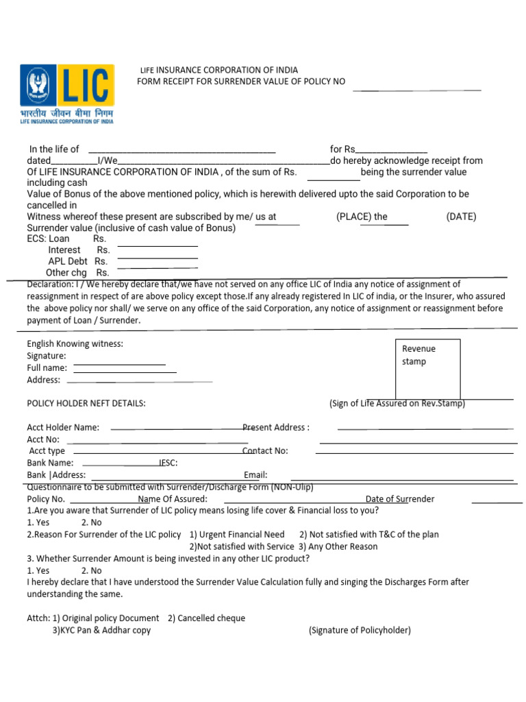 LIC Policy Surrender Acknowledgment Form | PDF