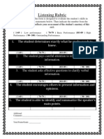 Listening Rubric: DIRECTIONS: This Form Is Designed To Evaluate The Student S Skills in