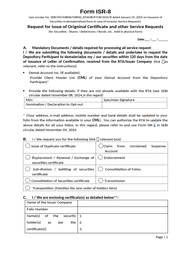 Form ISR-8: Service Request for Securities | PDF | Securities (Finance ...