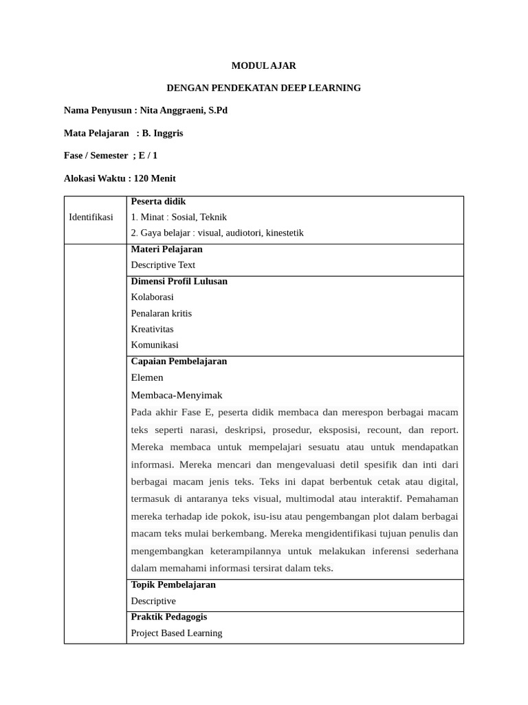 Modul Ajar Descriptive Text Deep Learning | PDF