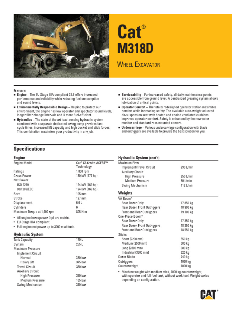 Cat M318D Wheel Excavator Specs | PDF | Horsepower | Truck
