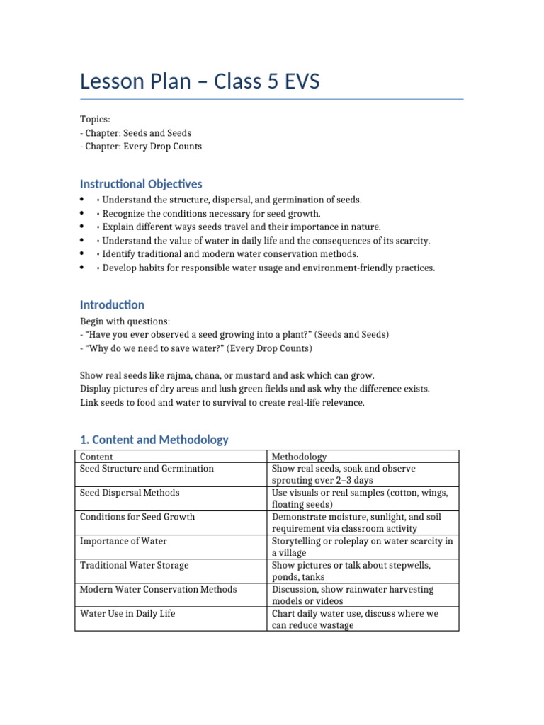 Class 5 Lesson Plan: Seeds & Water Conservation | PDF | Seed | Water ...