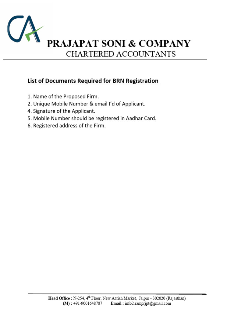 Documents List For BRN Registration | PDF