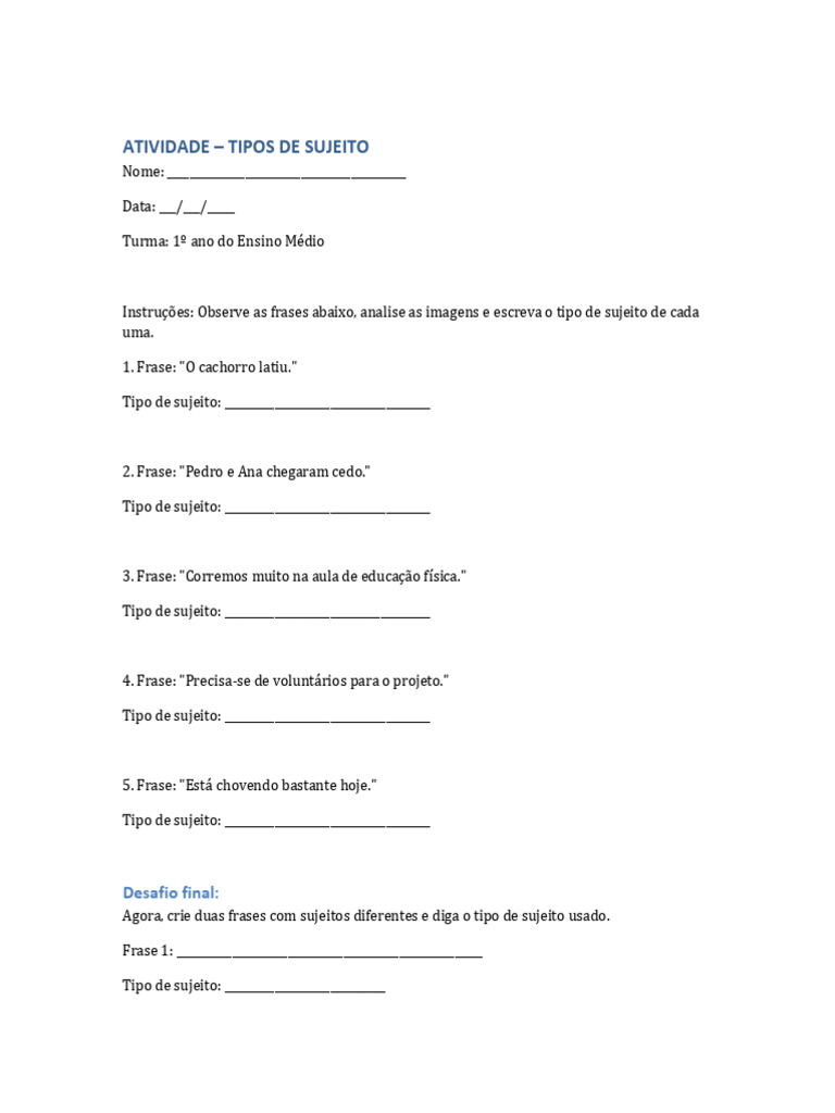 Atividade sobre Tipos de Sujeito | PDF