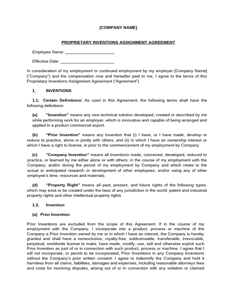 PIAA Agreement for Employee Inventions | PDF | Employment | Invention