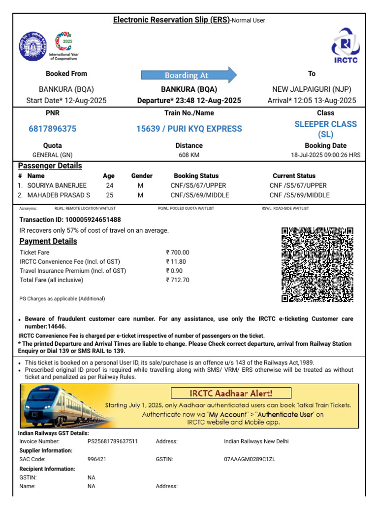 IRCTC E-Ticket Booking Details | PDF | Identity Document