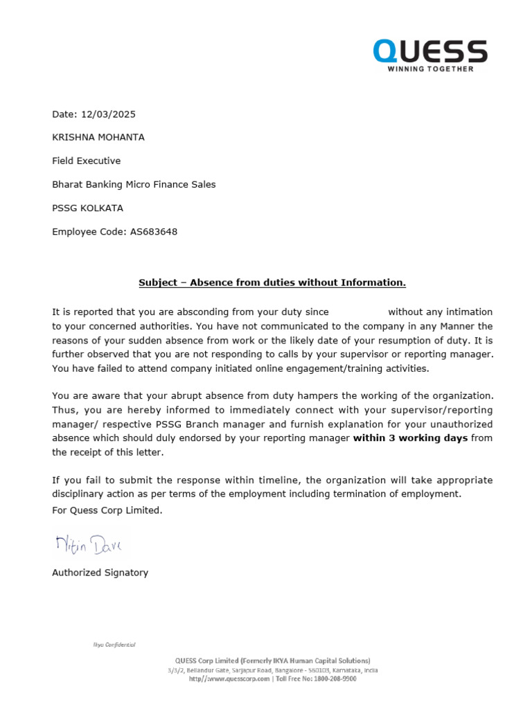 Absconding Duty Notification Letter | PDF