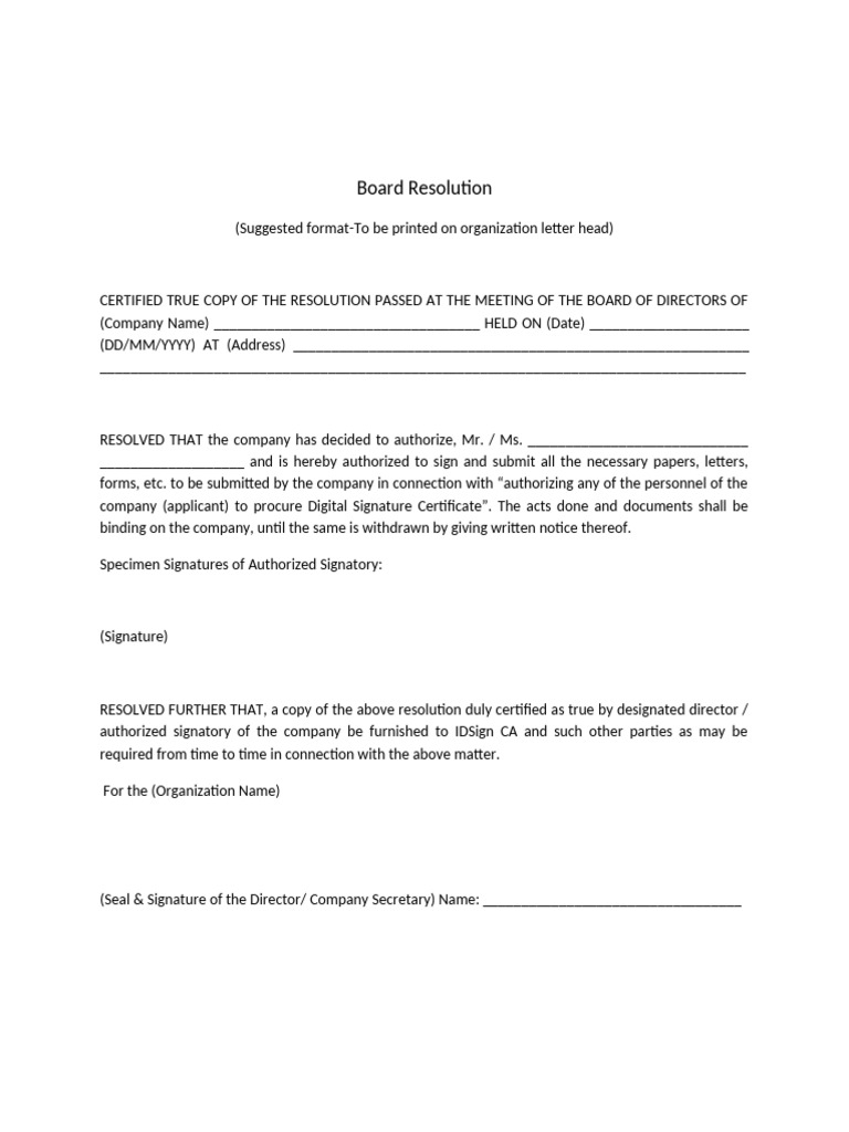 Board Resolution for Signing Authority | PDF