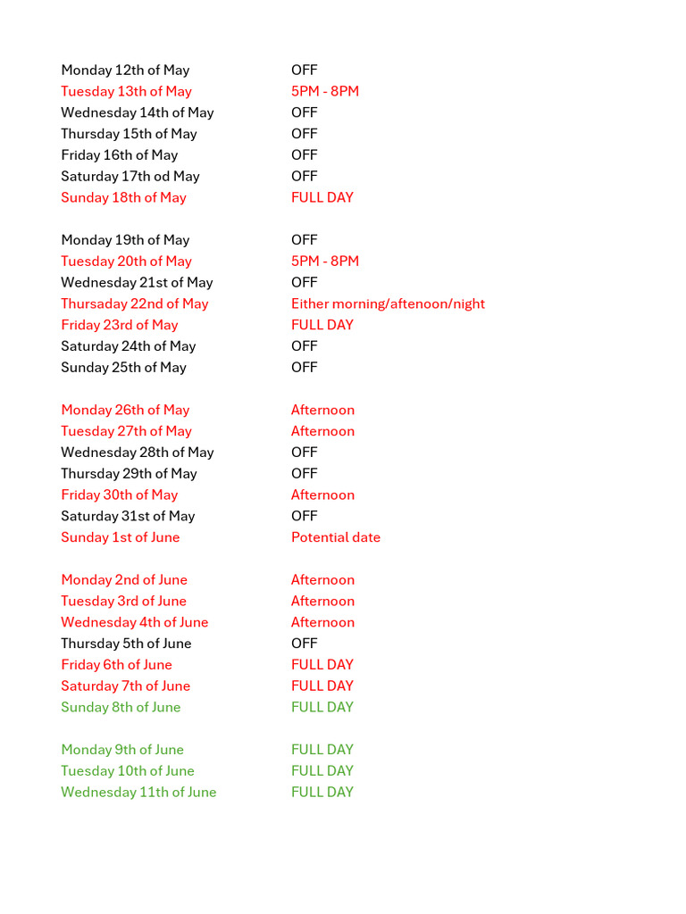 May-June 2023 Availability Schedule | PDF